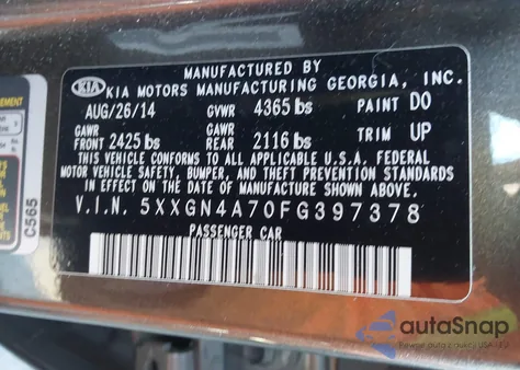 2015 Kia Optima Ex из США, поврежденный, VIN 5XXGN4A70FG397378